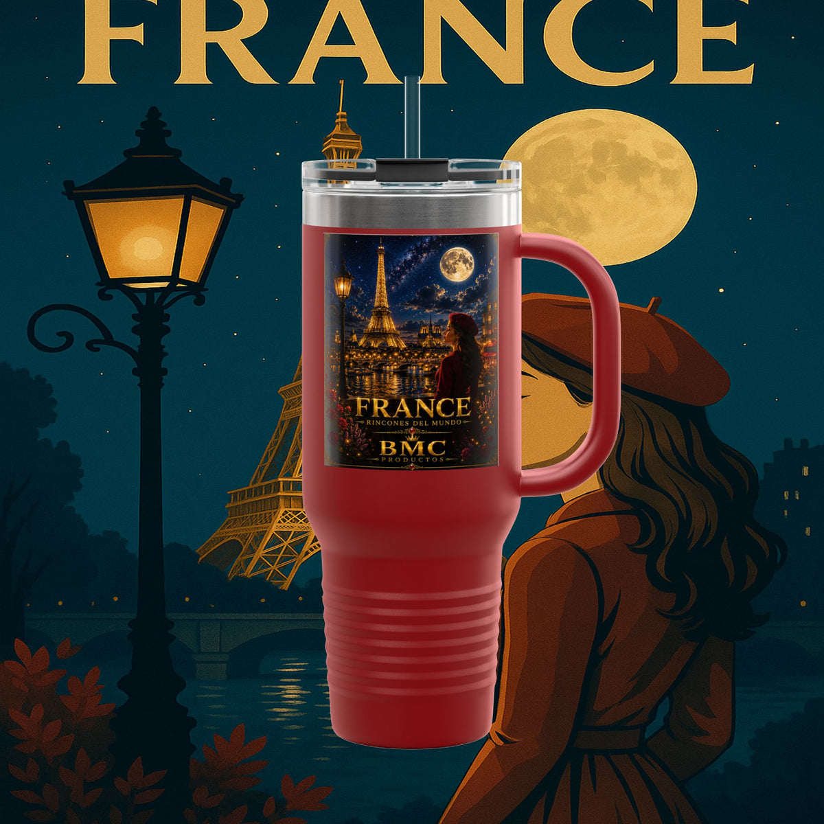 "taza de Viaje Aislada Francia: Romance bajo la Luna 🌙🗼✨"