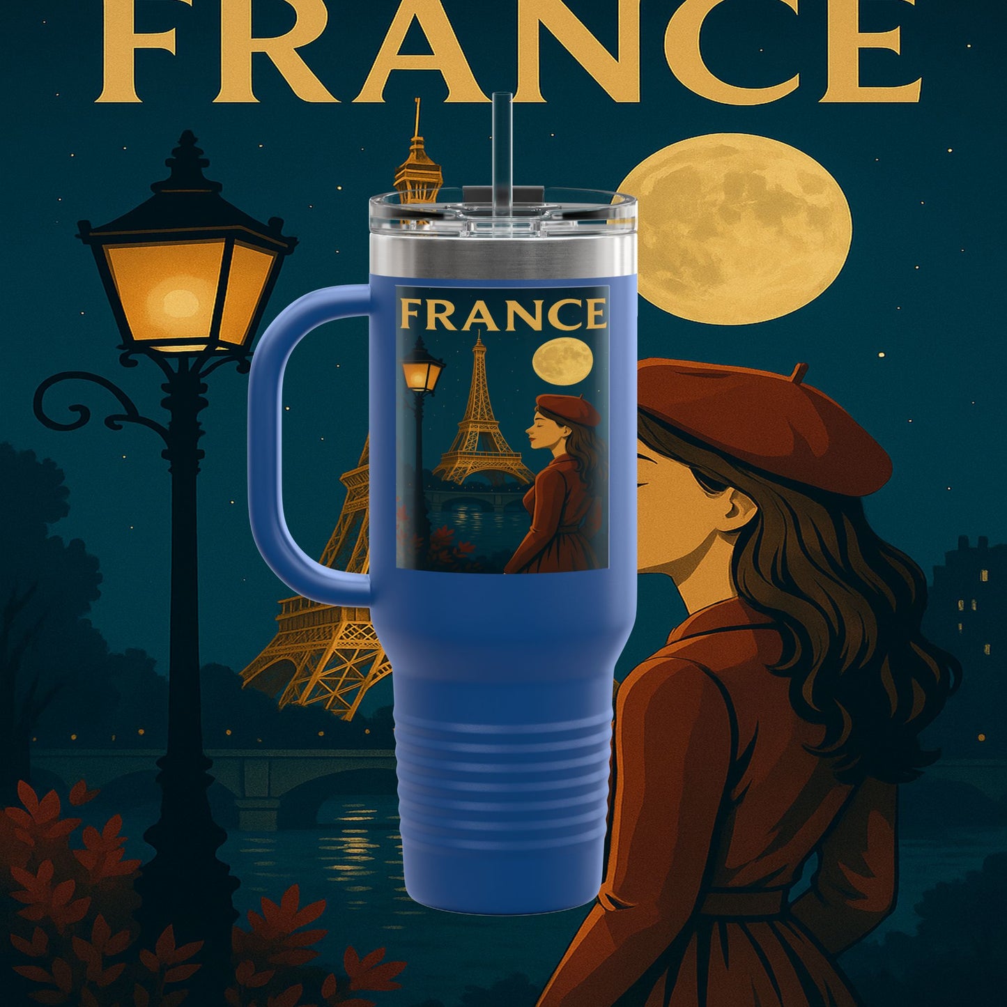 "France Insulated Travel Mug: Moonlit Romance 🌙🗼✨"