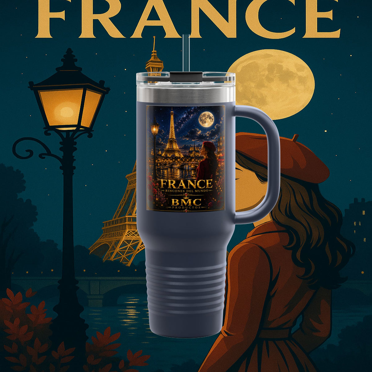 "taza de Viaje Aislada Francia: Romance bajo la Luna 🌙🗼✨"