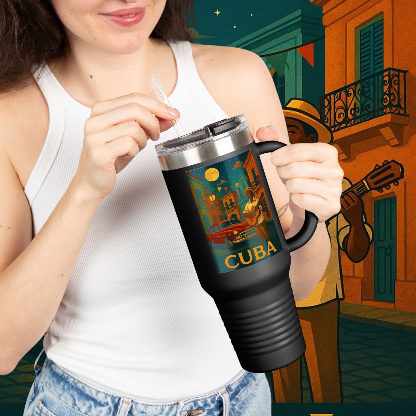 "Cuba Insulated Travel Mug: Rhythm, History and Caribbean Charm 🎺🚗🌴"