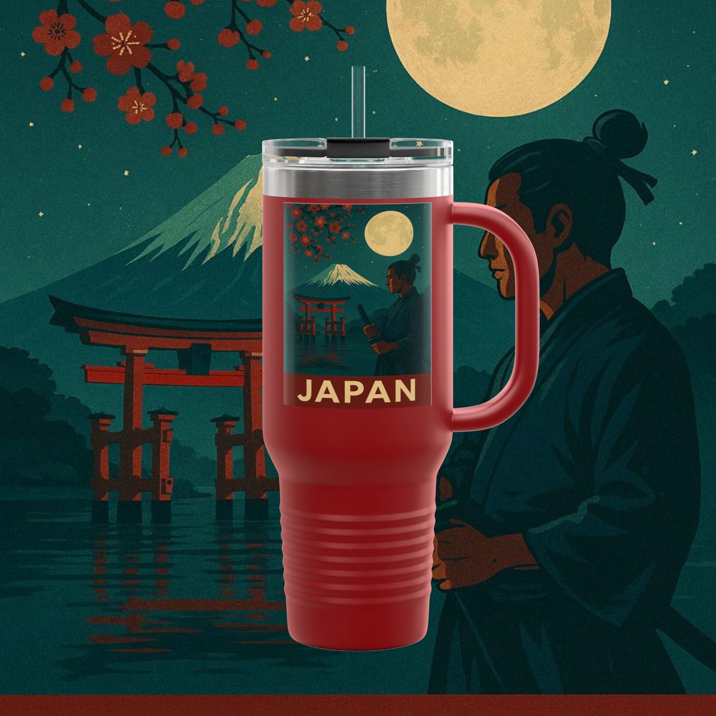 "Japan Insulated Travel Mug: Tradition among Cherry Blossoms and Mountains 🌸⛩️🗻"
