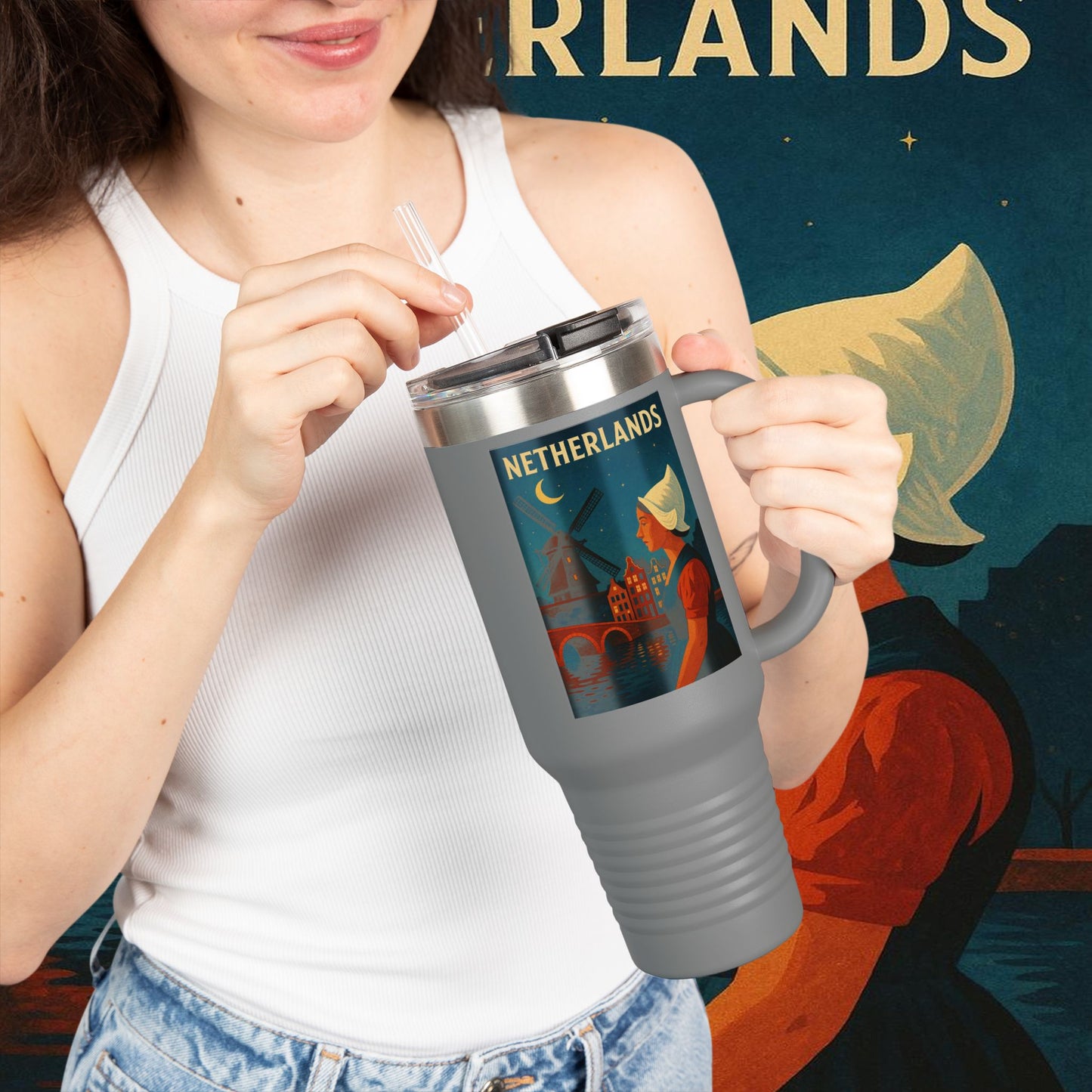 "Netherlands Insulated Travel Mug✨ – Land of tulips, windmills, and magical canals"