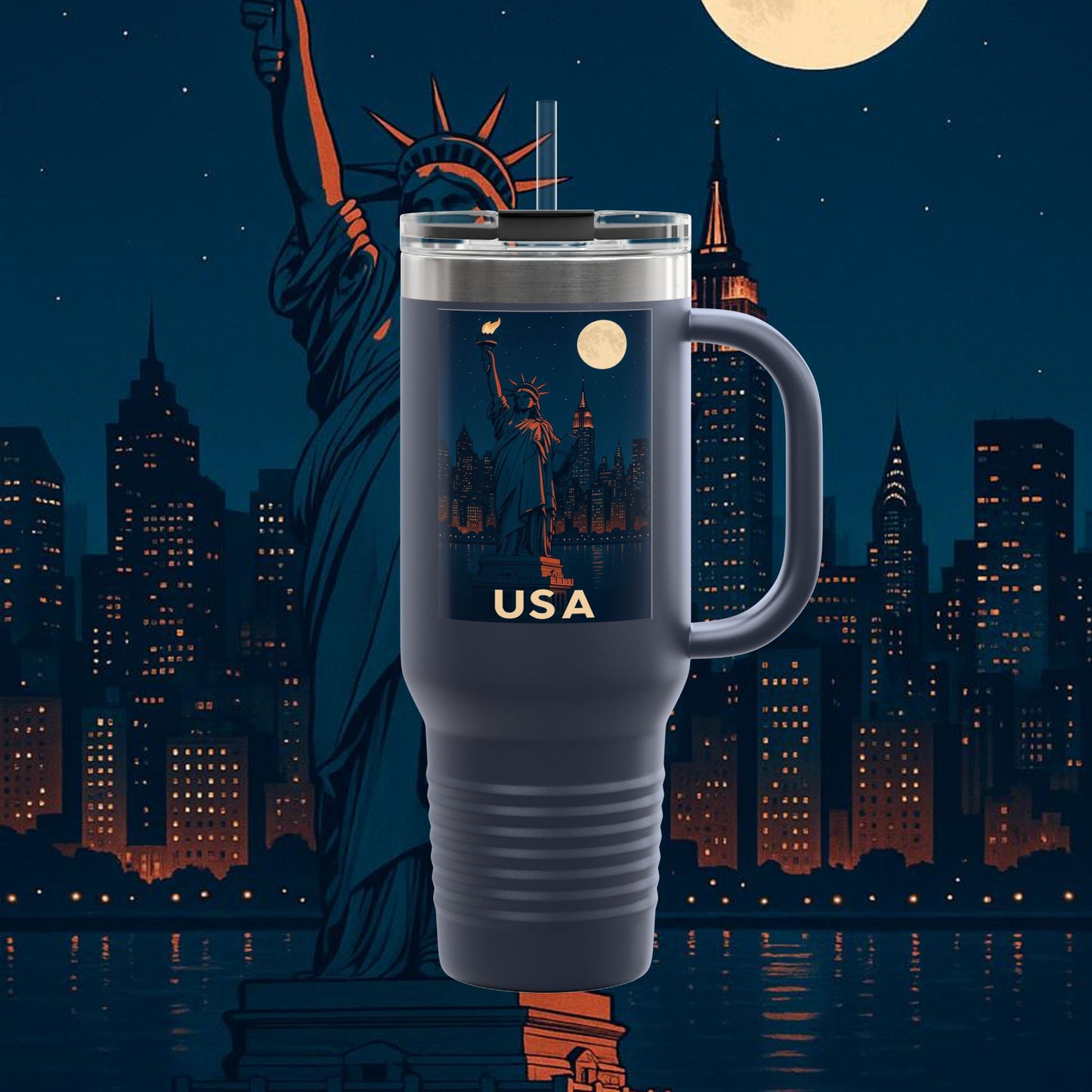 "United States Insulated Travel Mug: Dreams, Freedom, and Great Horizons 🗽🏜️🌆"