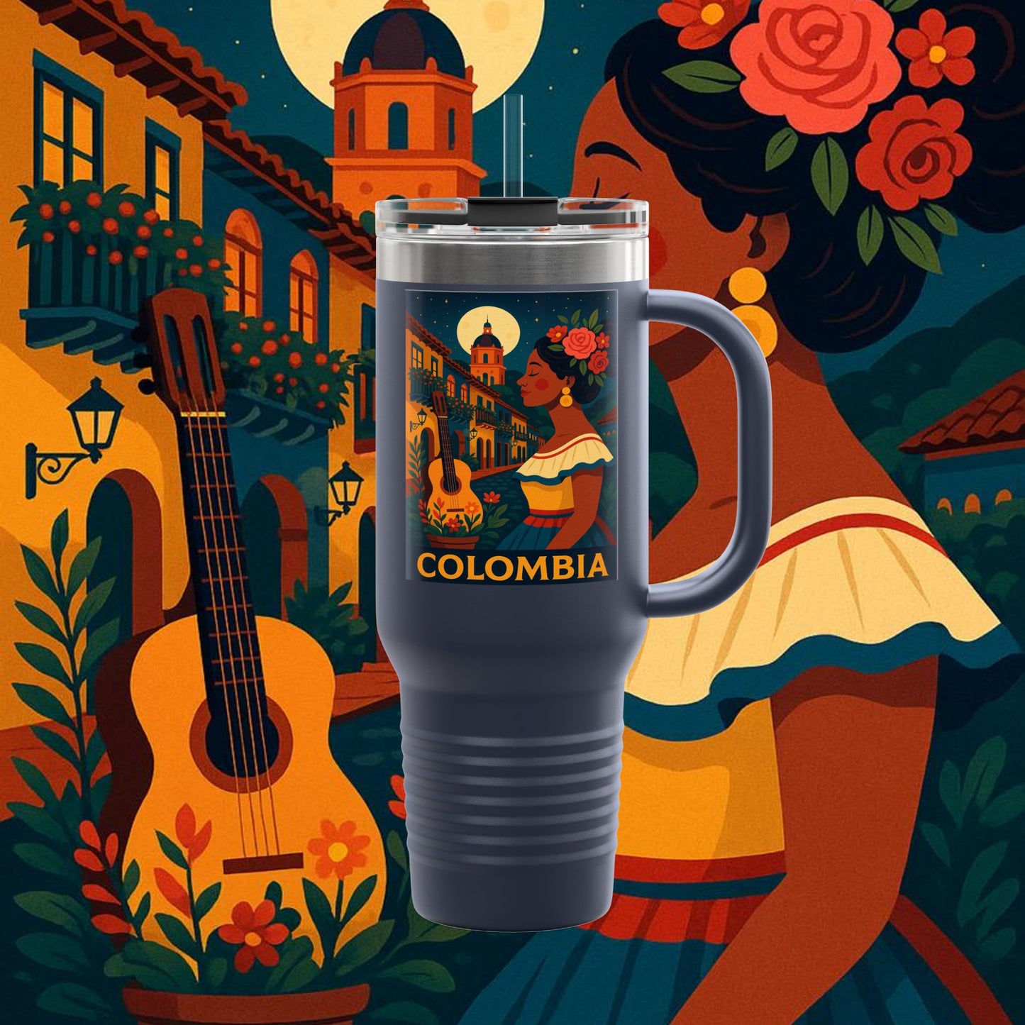 "Colombia Insulated Travel Mug: Magic of Colors, Coffee and Tradition ☕🎨🌄"