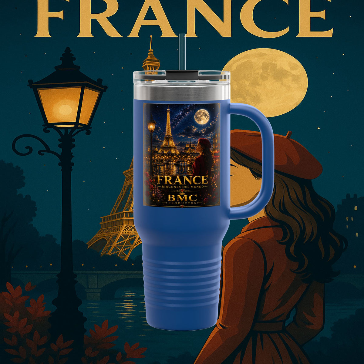 "taza de Viaje Aislada Francia: Romance bajo la Luna 🌙🗼✨"