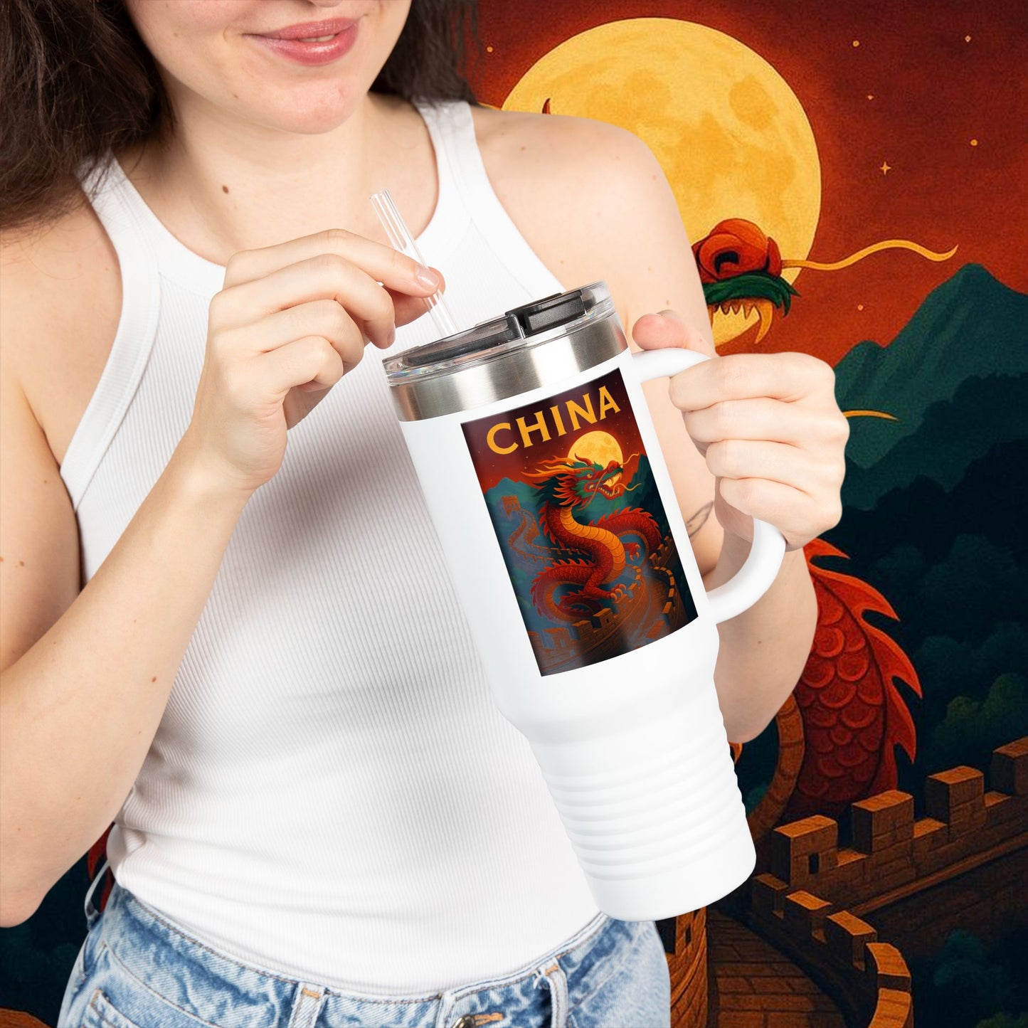 "China Insulated Travel Mug – Dragons, Walls, and Eternal Legends"
