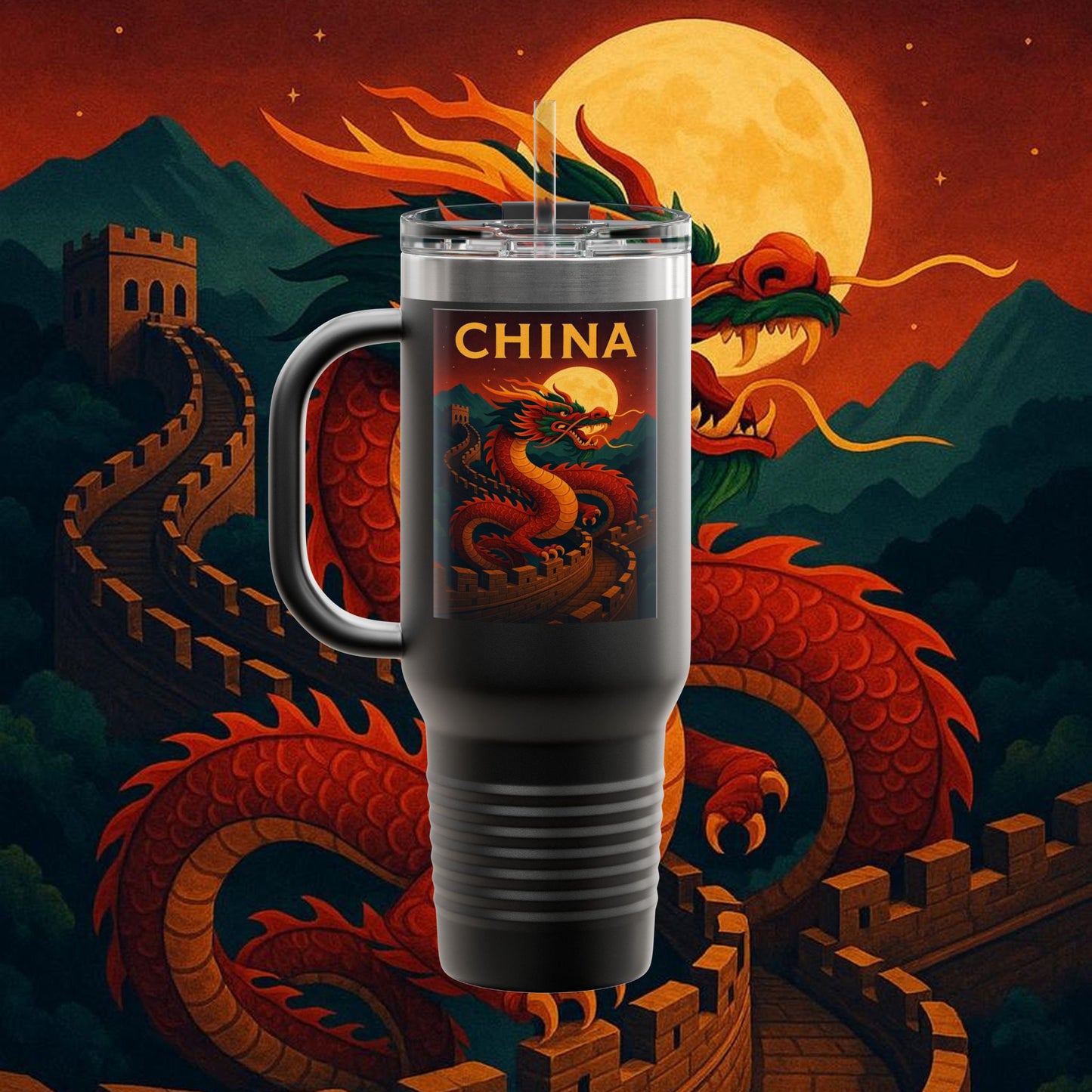 "China Insulated Travel Mug – Dragons, Walls, and Eternal Legends"
