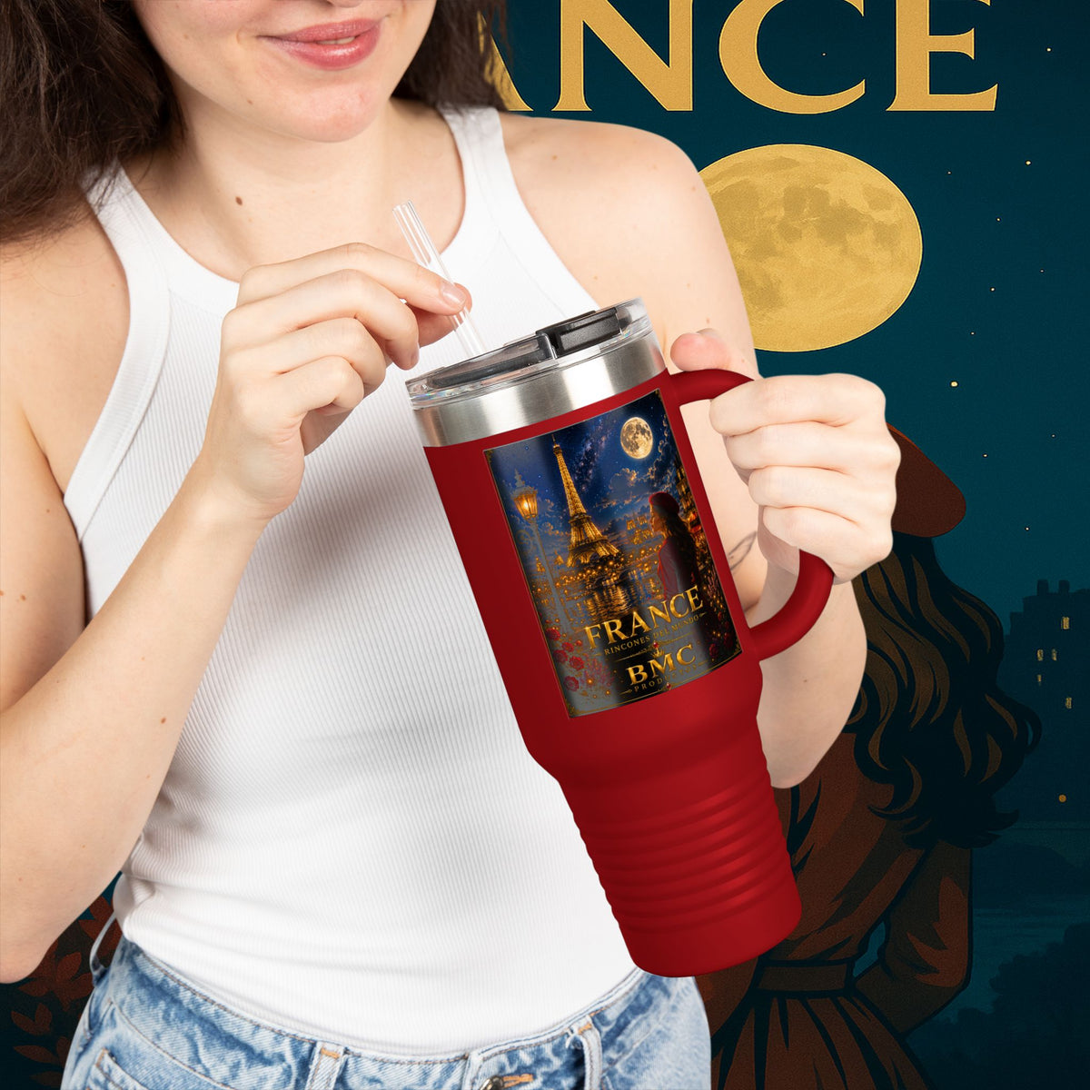 "taza de Viaje Aislada Francia: Romance bajo la Luna 🌙🗼✨"