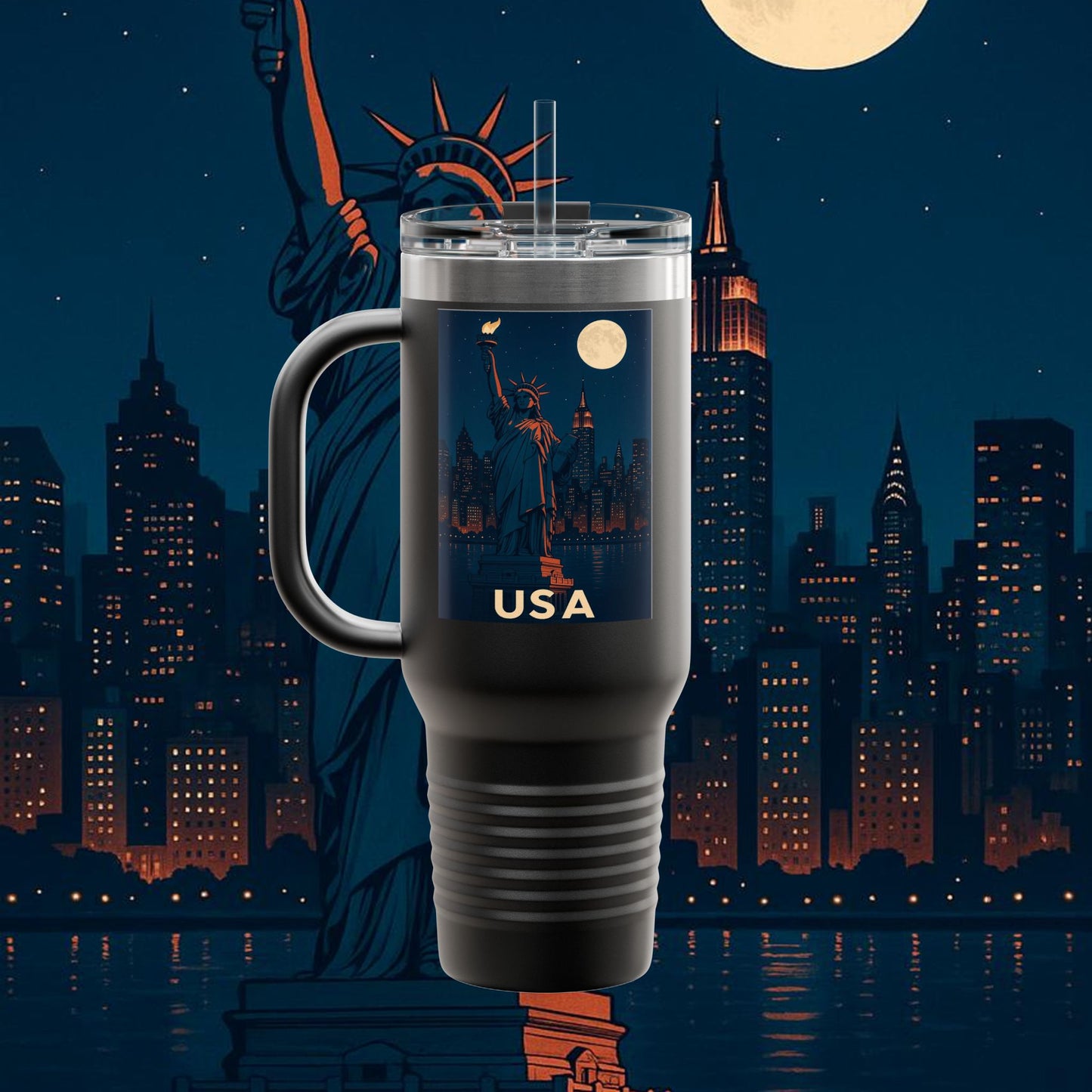 "United States Insulated Travel Mug: Dreams, Freedom, and Great Horizons 🗽🏜️🌆"
