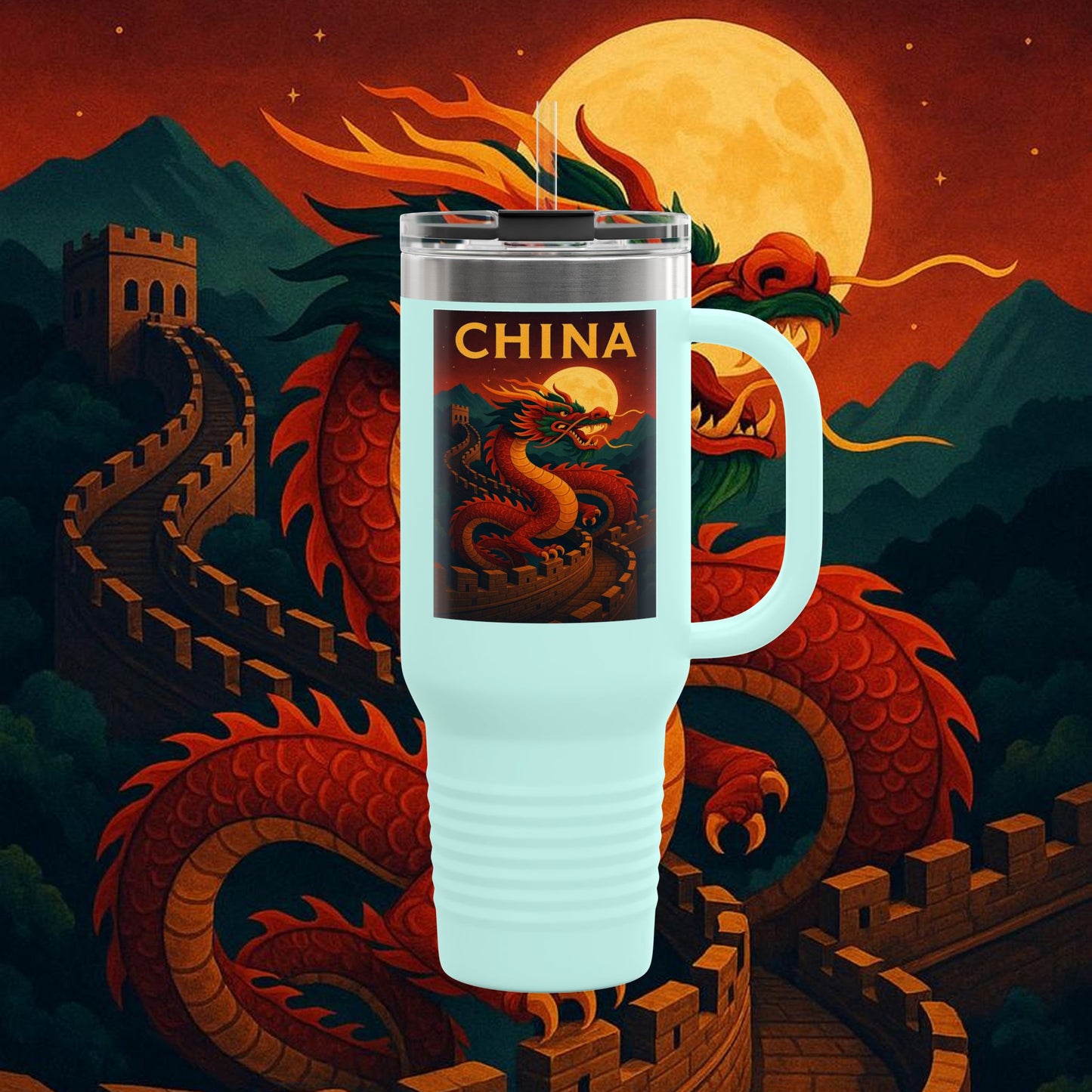 "China Insulated Travel Mug – Dragons, Walls, and Eternal Legends"