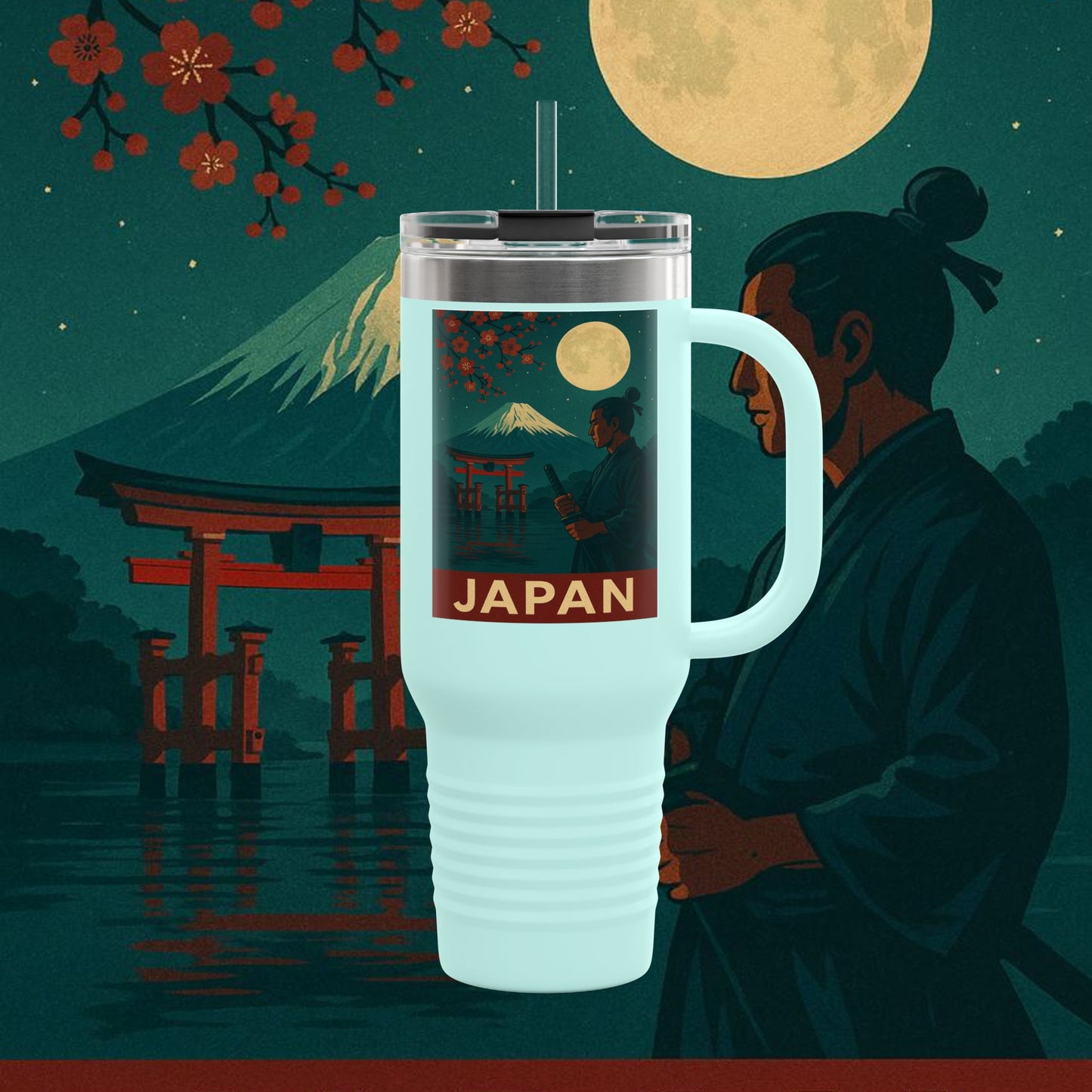 "Japan Insulated Travel Mug: Tradition among Cherry Blossoms and Mountains 🌸⛩️🗻"