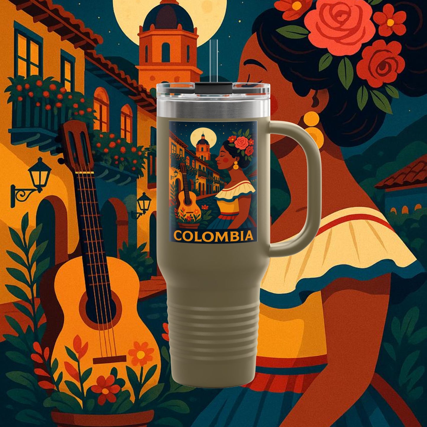 "Colombia Insulated Travel Mug: Magic of Colors, Coffee and Tradition ☕🎨🌄"