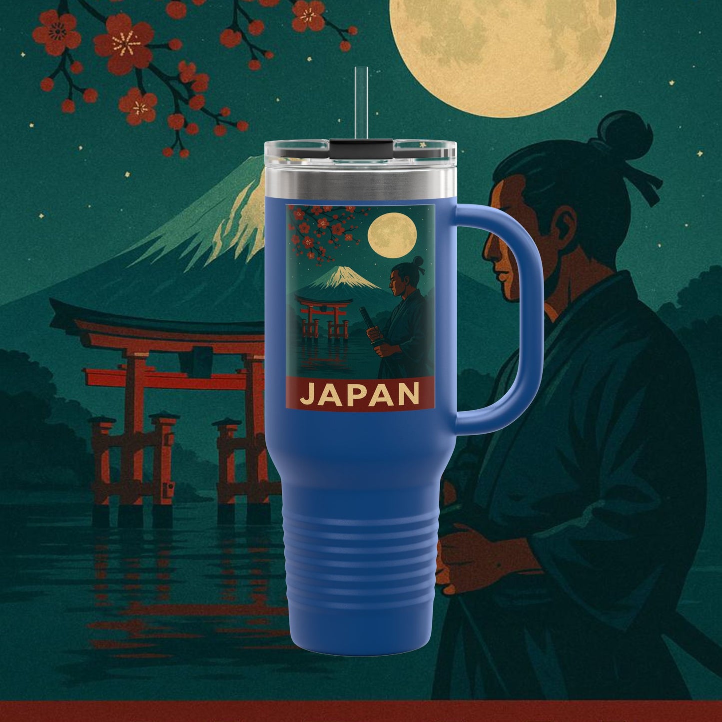 "Japan Insulated Travel Mug: Tradition among Cherry Blossoms and Mountains 🌸⛩️🗻"