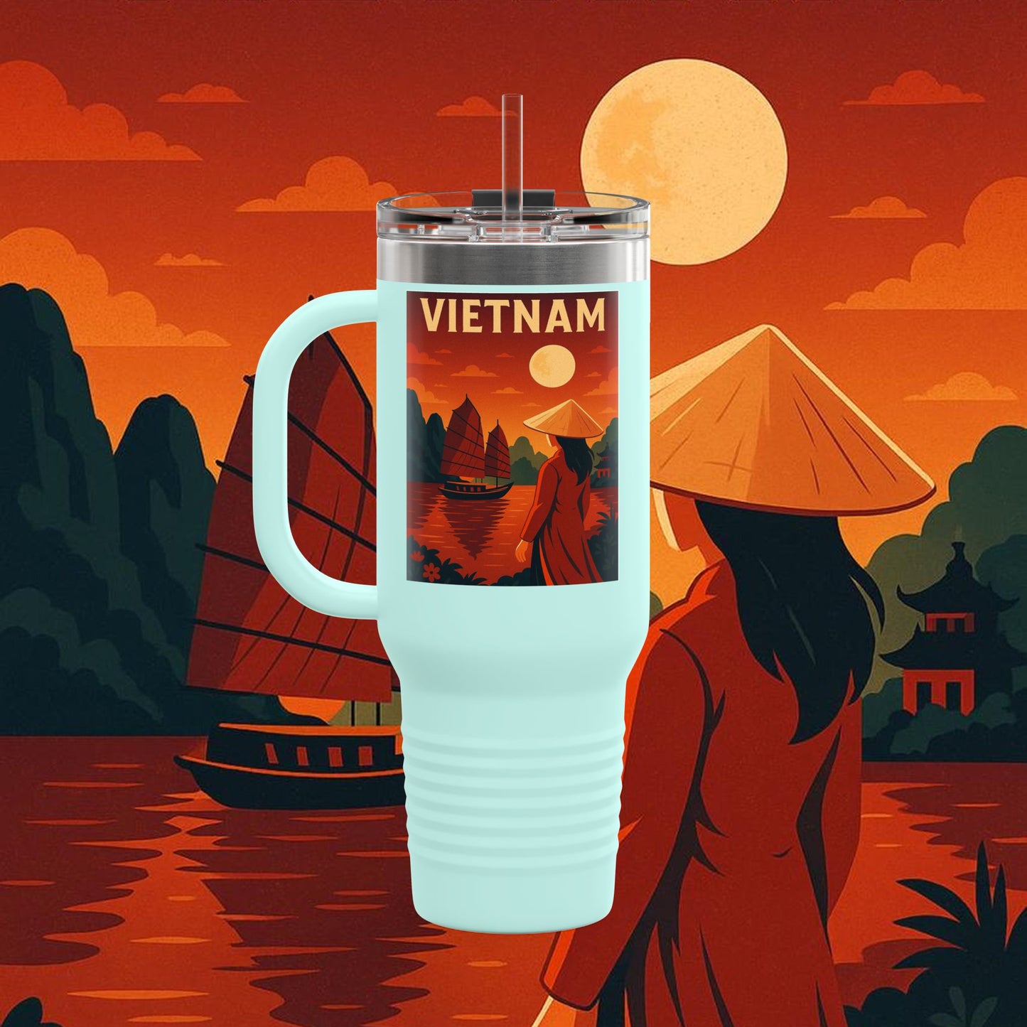 "Vietnam Insulated Travel Mug: Tradition, Nature, and Ancestral Legends 🎋🏯🐉"