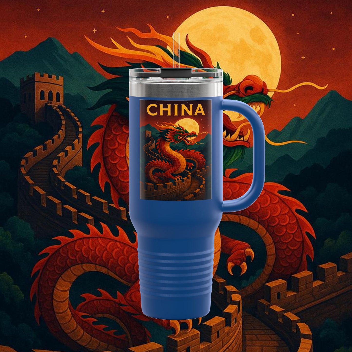 "China Insulated Travel Mug – Dragons, Walls, and Eternal Legends"