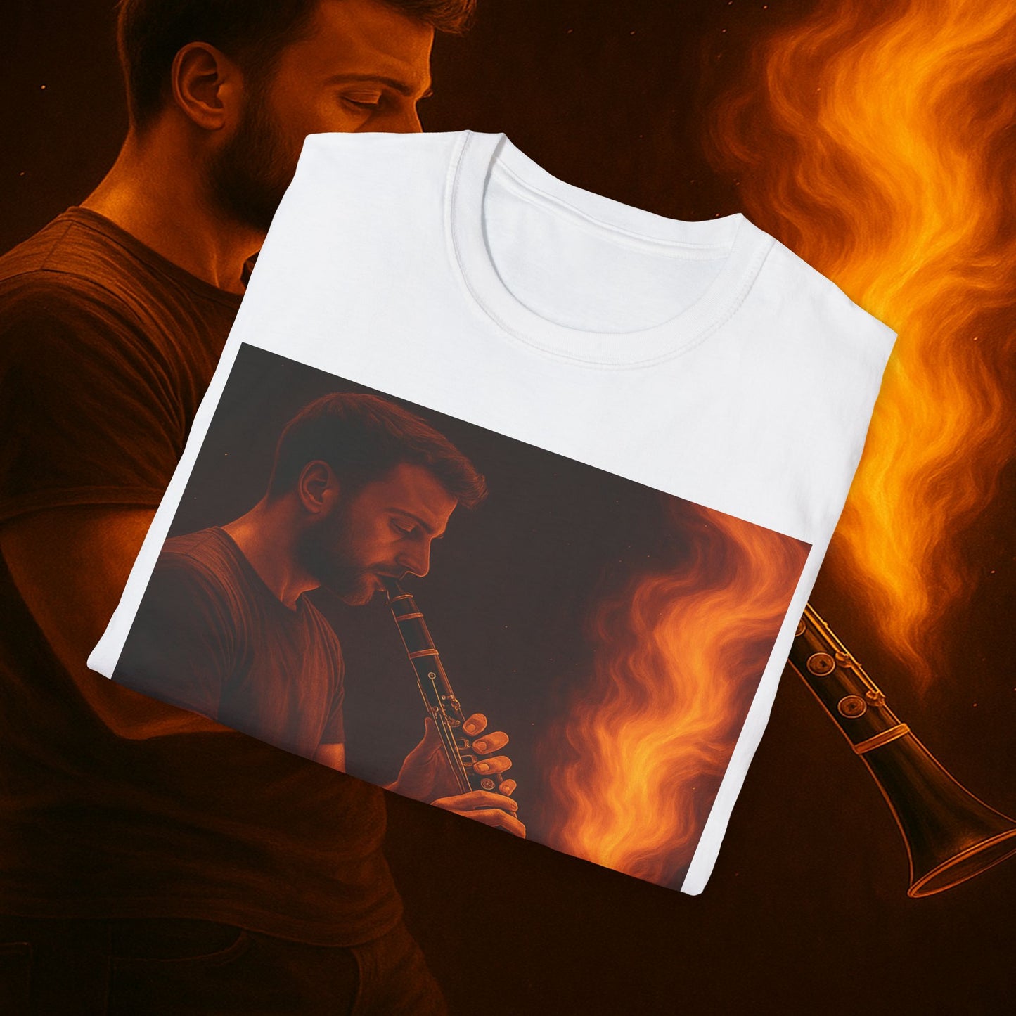 "Clarinet T-shirt🎵🔥 The sound of the soul doesn't scream... it burns." 🔥🎵