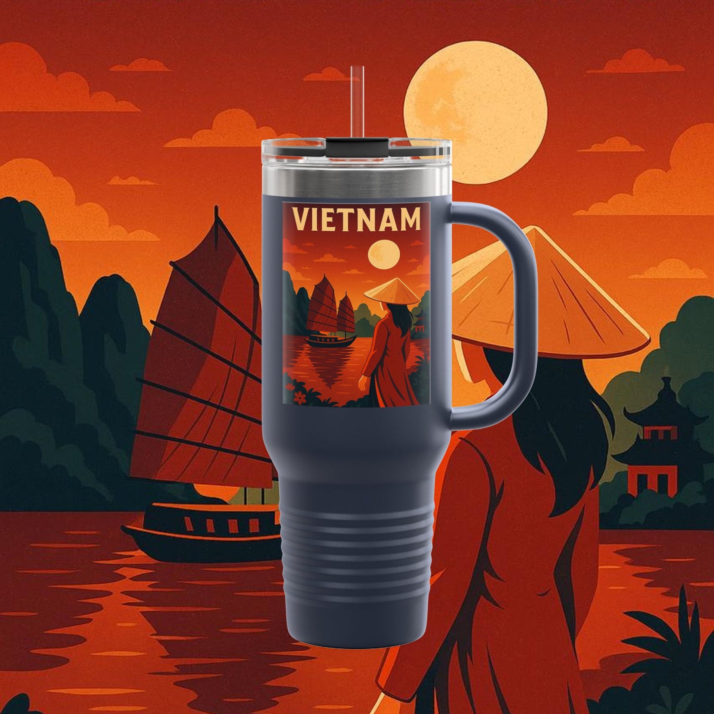 "Vietnam Insulated Travel Mug: Tradition, Nature, and Ancestral Legends 🎋🏯🐉"