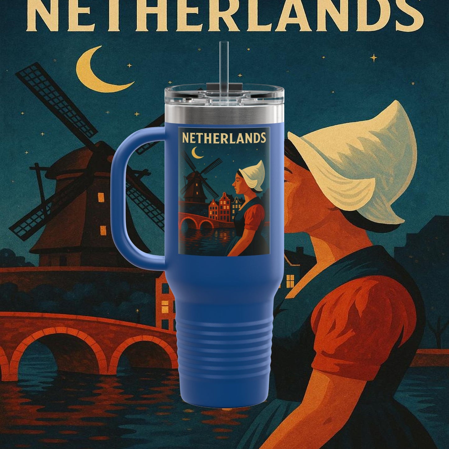 "Netherlands Insulated Travel Mug✨ – Land of tulips, windmills, and magical canals"