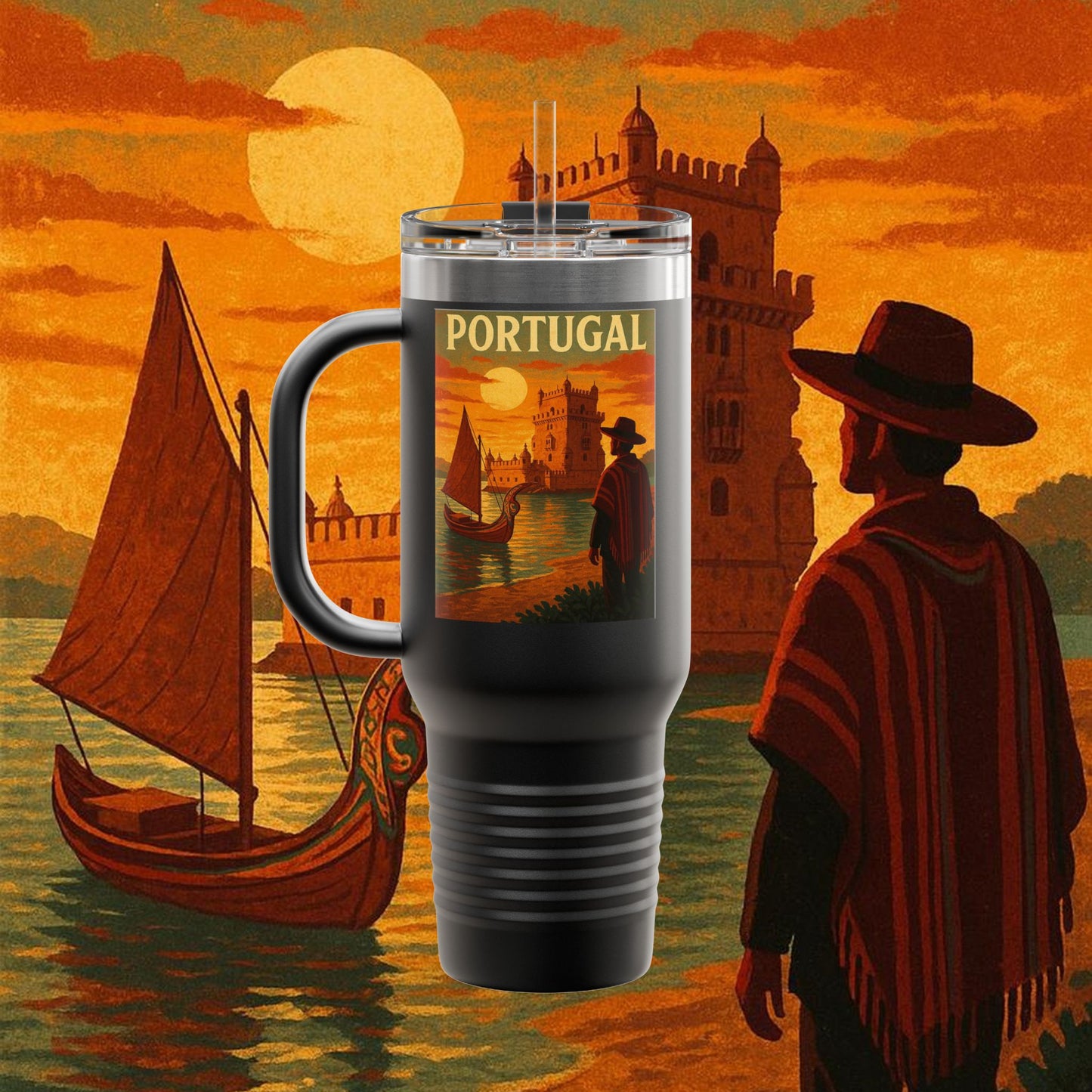 "Portugal Insulated Travel Mug: Atlantic Charm, Fados and Azulejos 🌊🎶🧿"