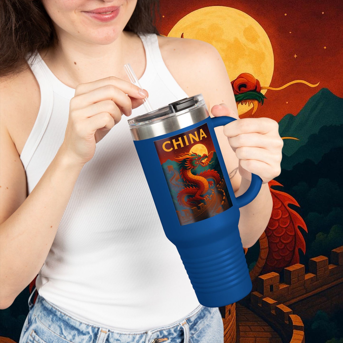 "China Insulated Travel Mug – Dragons, Walls, and Eternal Legends"