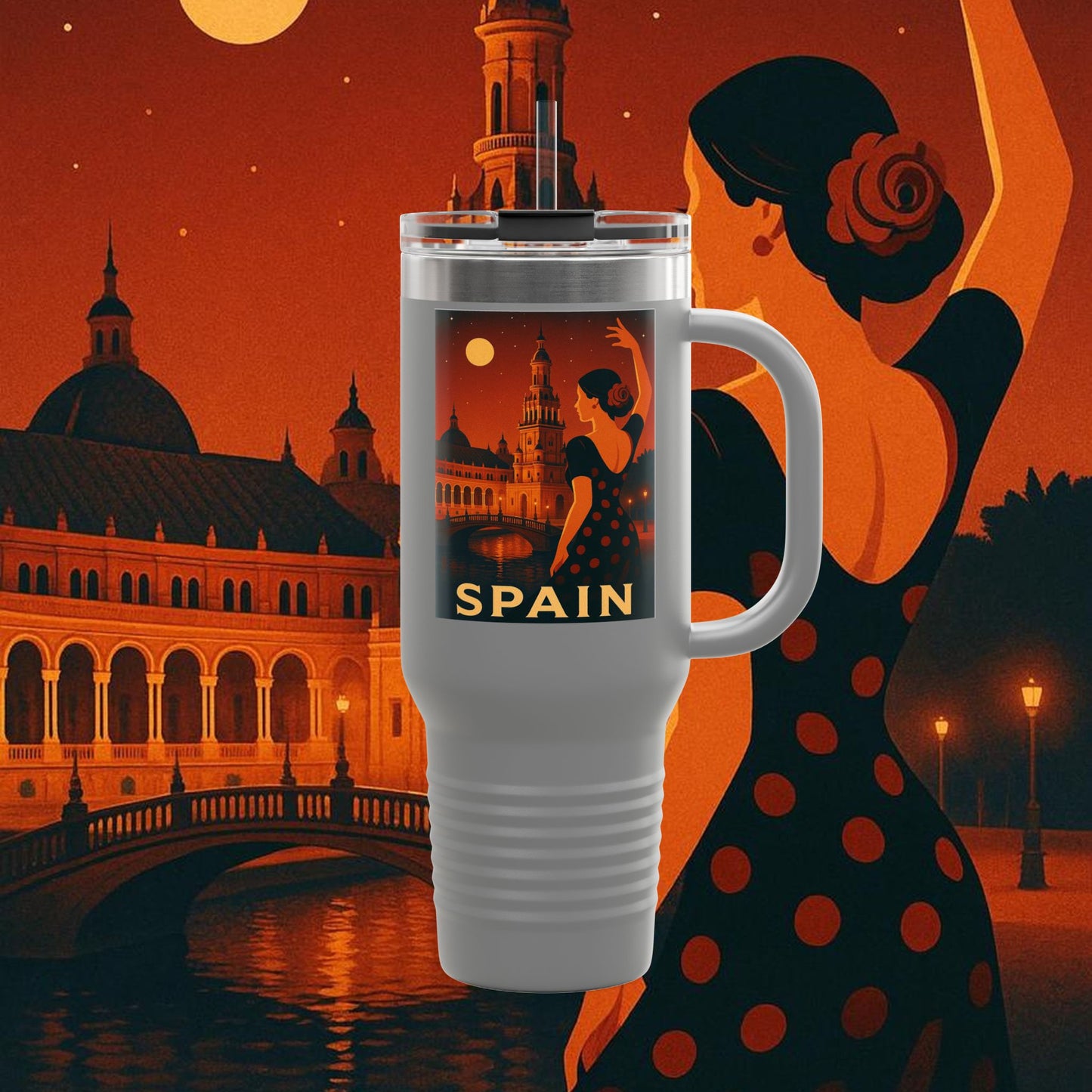 "Spain Insulated Travel Mug: Passion, Art, and Flavors that Make You Fall in Love 🎨💃🍷" 