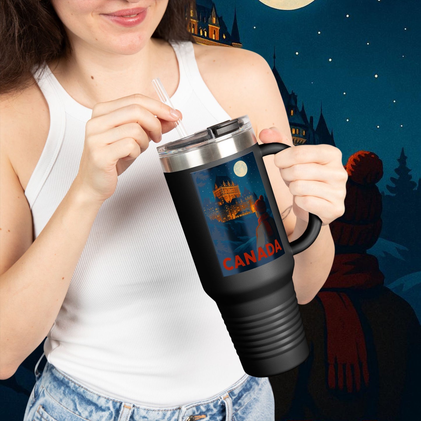 "Canada Insulated Travel Mug: Majestic Nature and Free Spirit 🍁🏞️🦌"