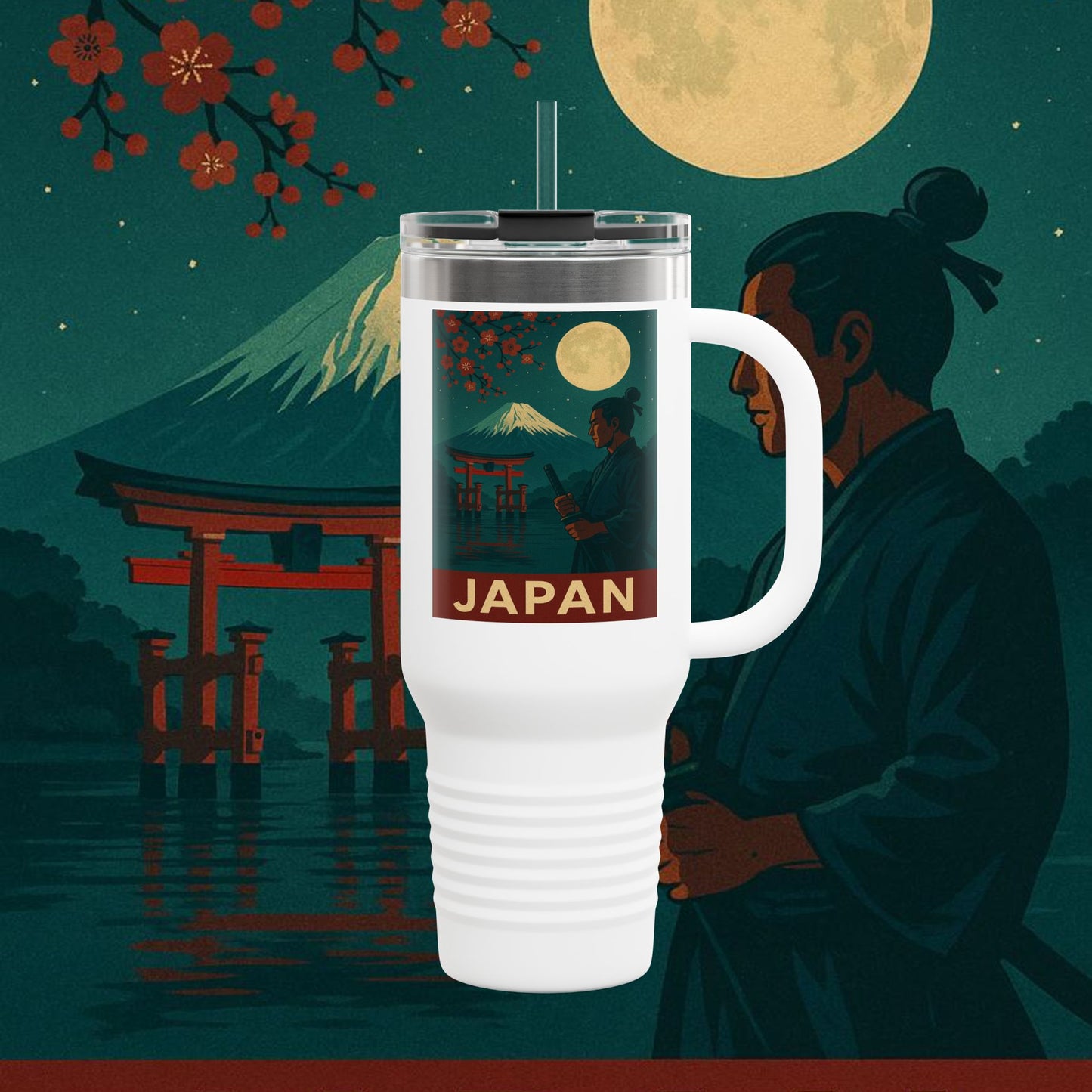 "Japan Insulated Travel Mug: Tradition among Cherry Blossoms and Mountains 🌸⛩️🗻"