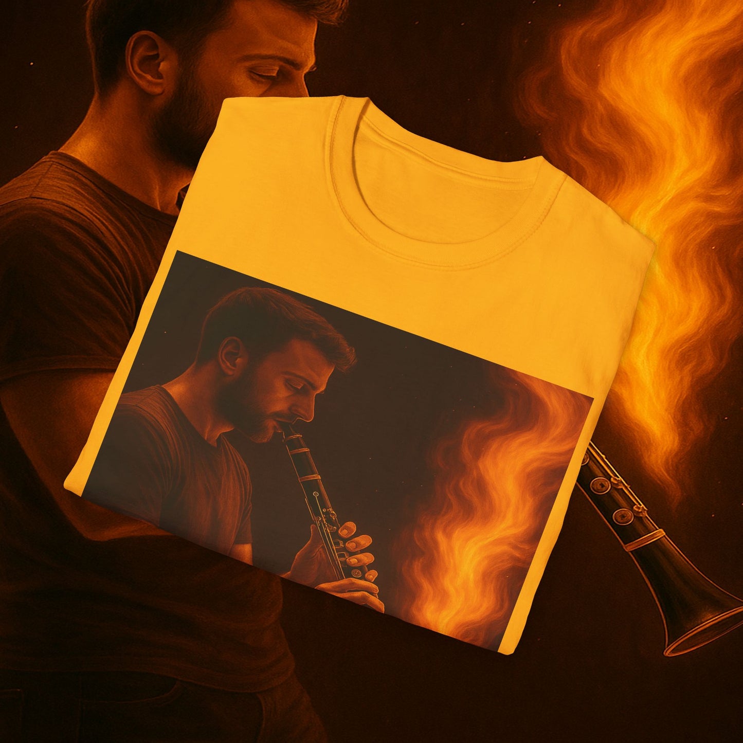 "Clarinet T-shirt🎵🔥 The sound of the soul doesn't scream... it burns." 🔥🎵