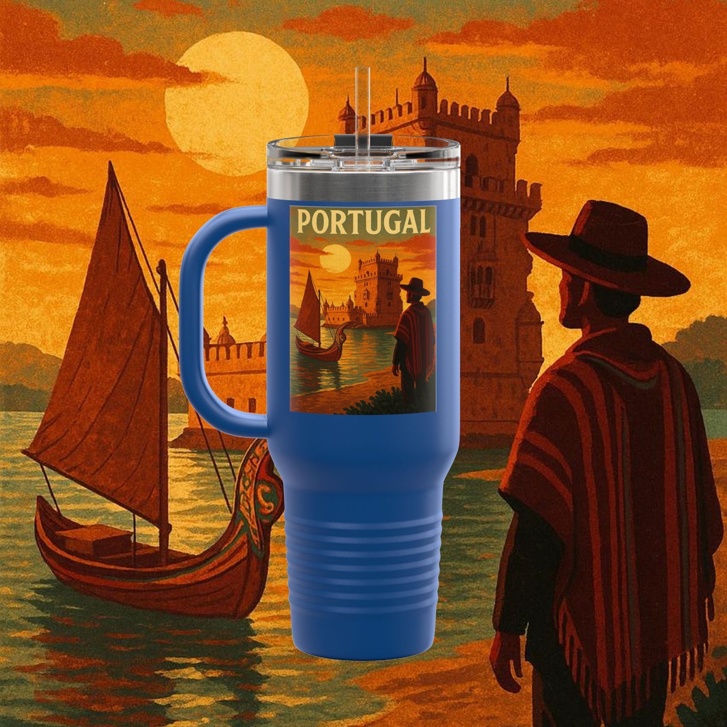 "Portugal Insulated Travel Mug: Atlantic Charm, Fados and Azulejos 🌊🎶🧿"