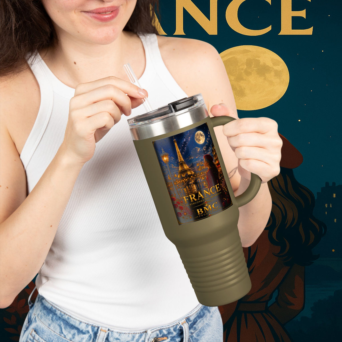 "taza de Viaje Aislada Francia: Romance bajo la Luna 🌙🗼✨"