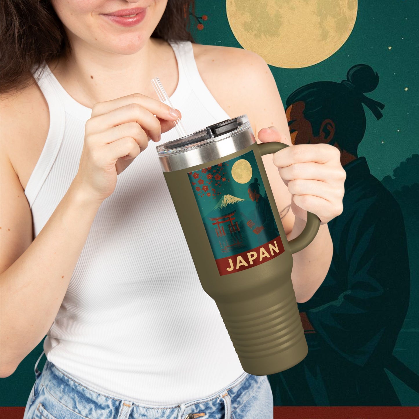 "Japan Insulated Travel Mug: Tradition among Cherry Blossoms and Mountains 🌸⛩️🗻"