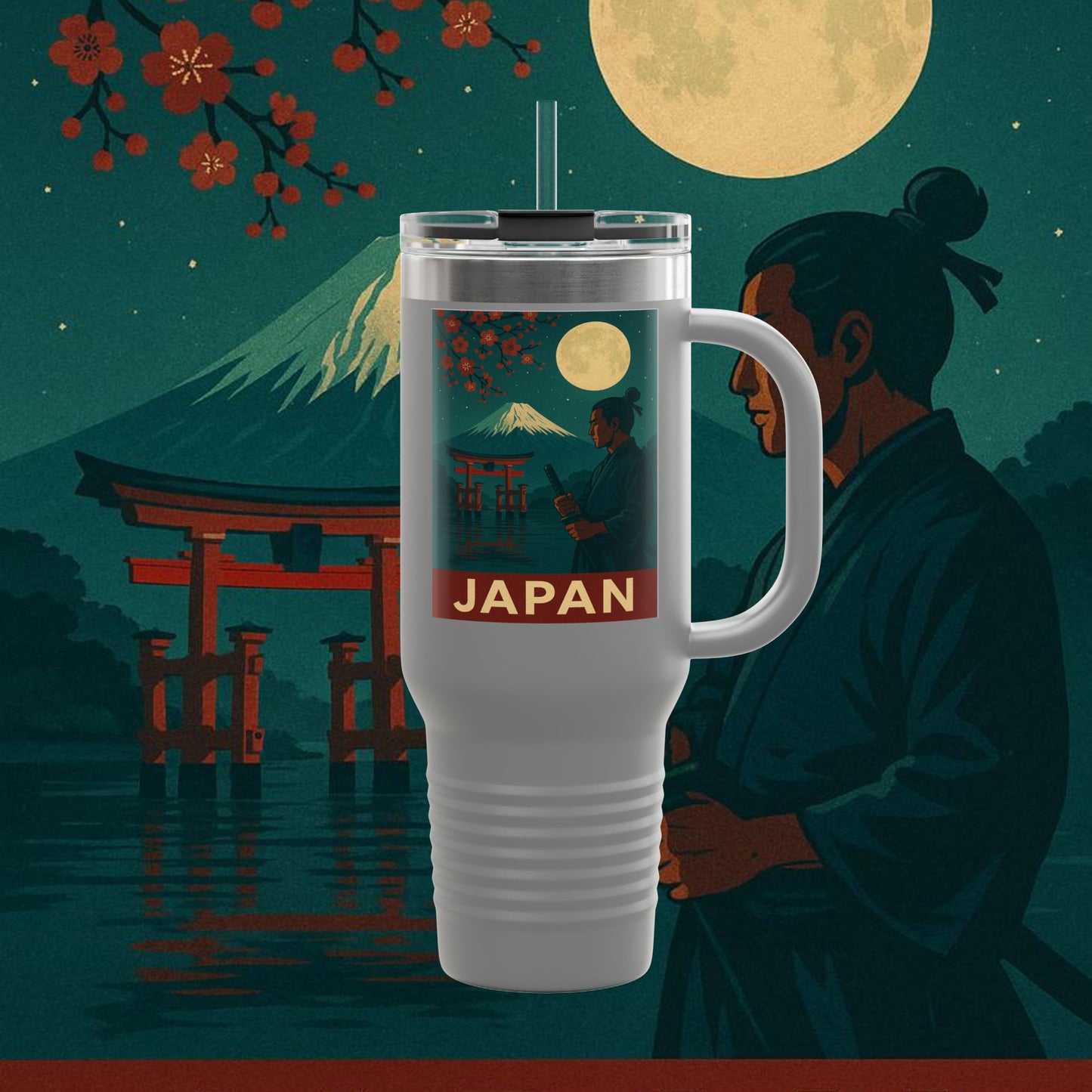 "Japan Insulated Travel Mug: Tradition among Cherry Blossoms and Mountains 🌸⛩️🗻"