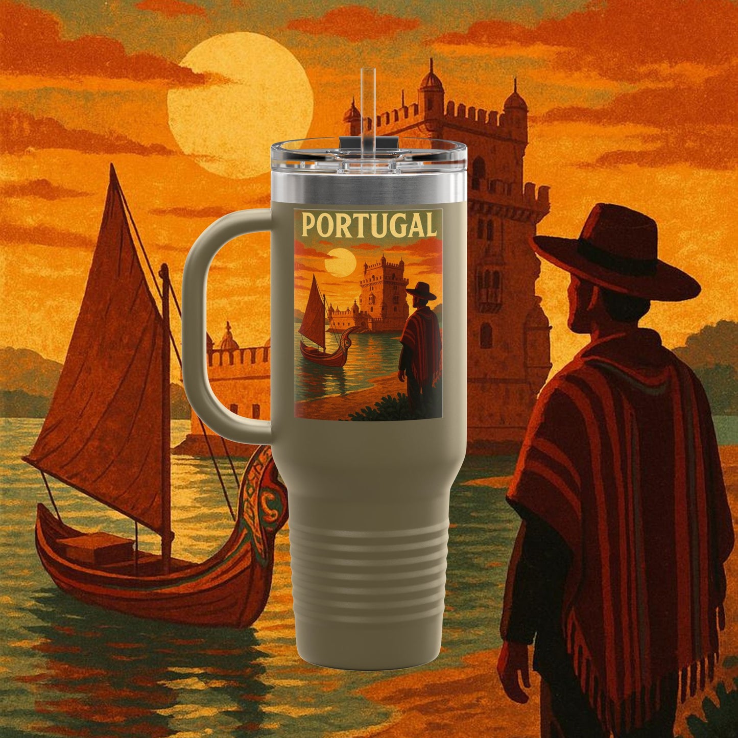 "Portugal Insulated Travel Mug: Atlantic Charm, Fados and Azulejos 🌊🎶🧿"