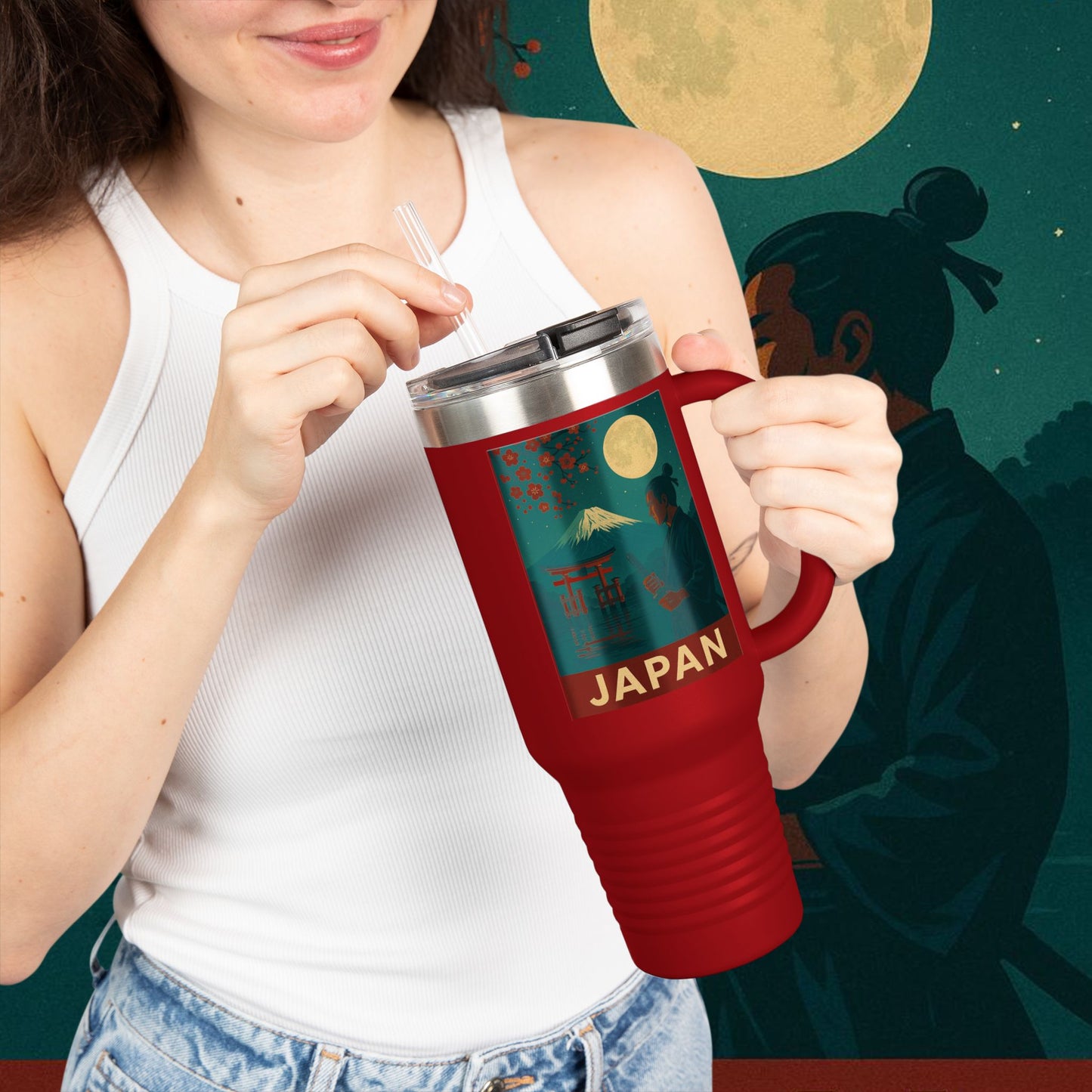"Japan Insulated Travel Mug: Tradition among Cherry Blossoms and Mountains 🌸⛩️🗻"