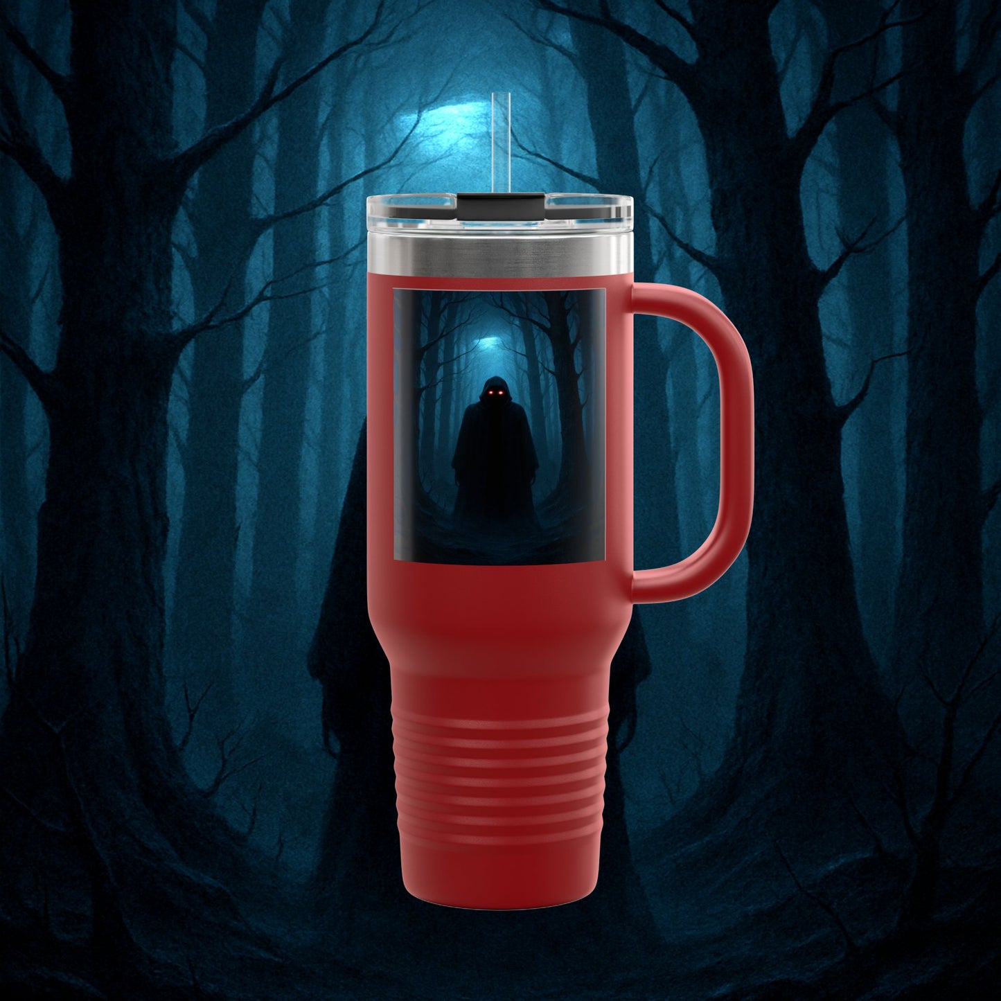 "Taza de viaje aislada 🖤 El Vigía del Bosque Oscuro"