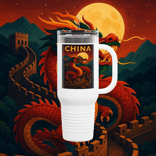 "China Insulated Travel Mug – Dragons, Walls, and Eternal Legends"