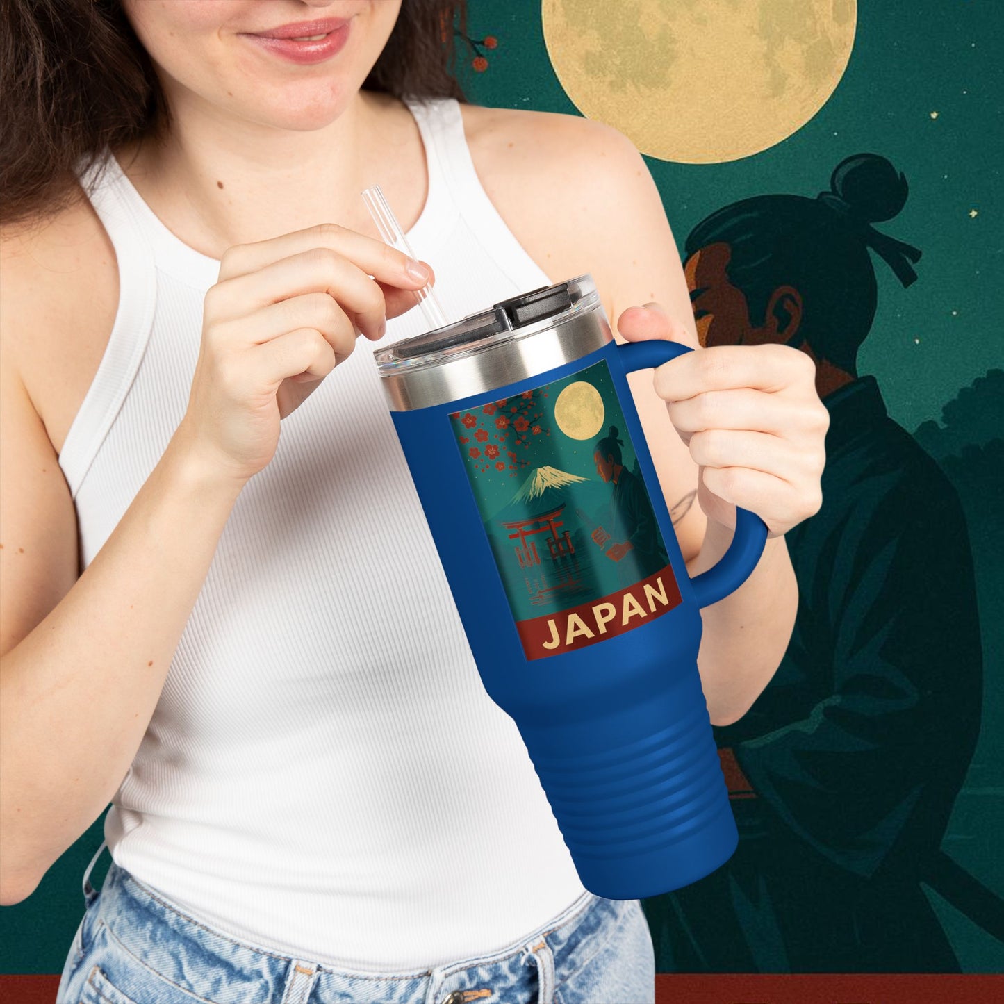 "Japan Insulated Travel Mug: Tradition among Cherry Blossoms and Mountains 🌸⛩️🗻"