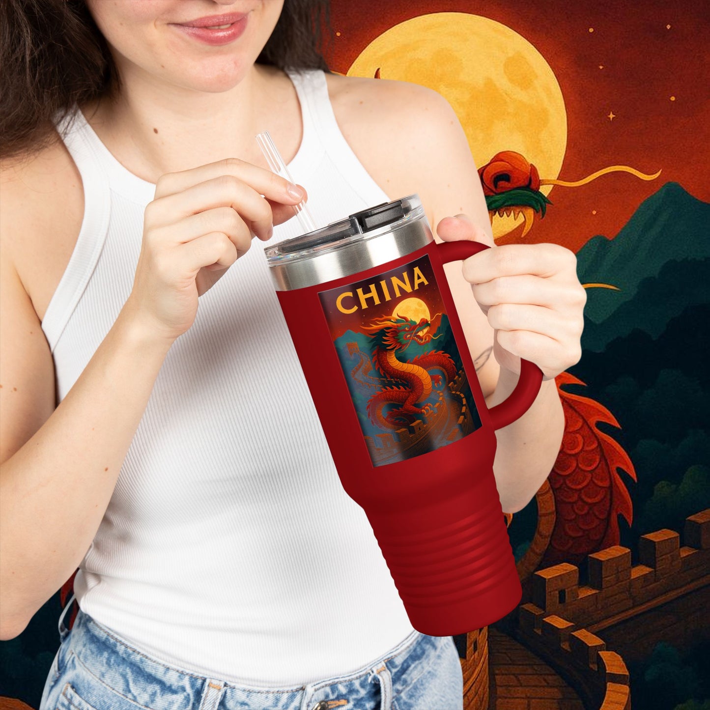 "China Insulated Travel Mug – Dragons, Walls, and Eternal Legends"