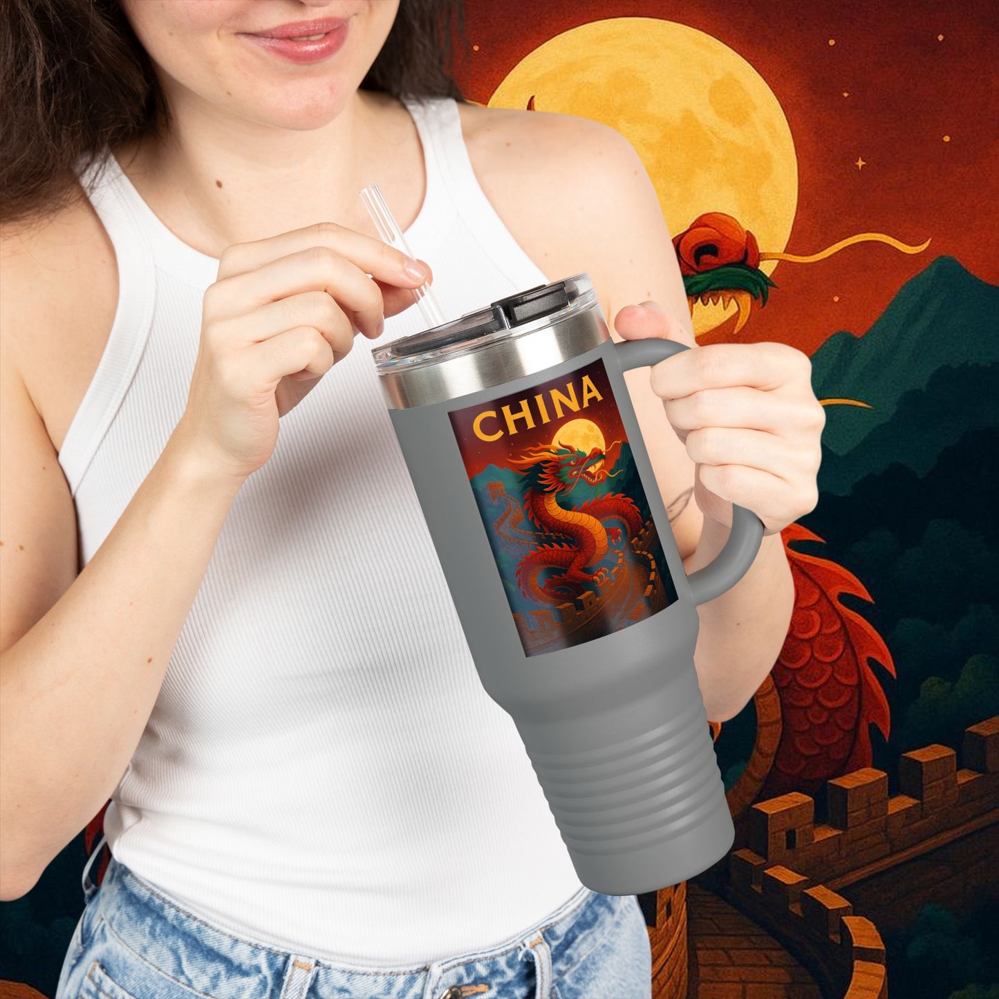 "China Insulated Travel Mug – Dragons, Walls, and Eternal Legends"
