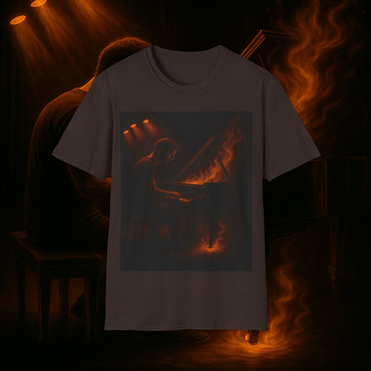 "Piano T-shirt 🎹🔥When the hands burn... the soul sings.” 🔥🎹
