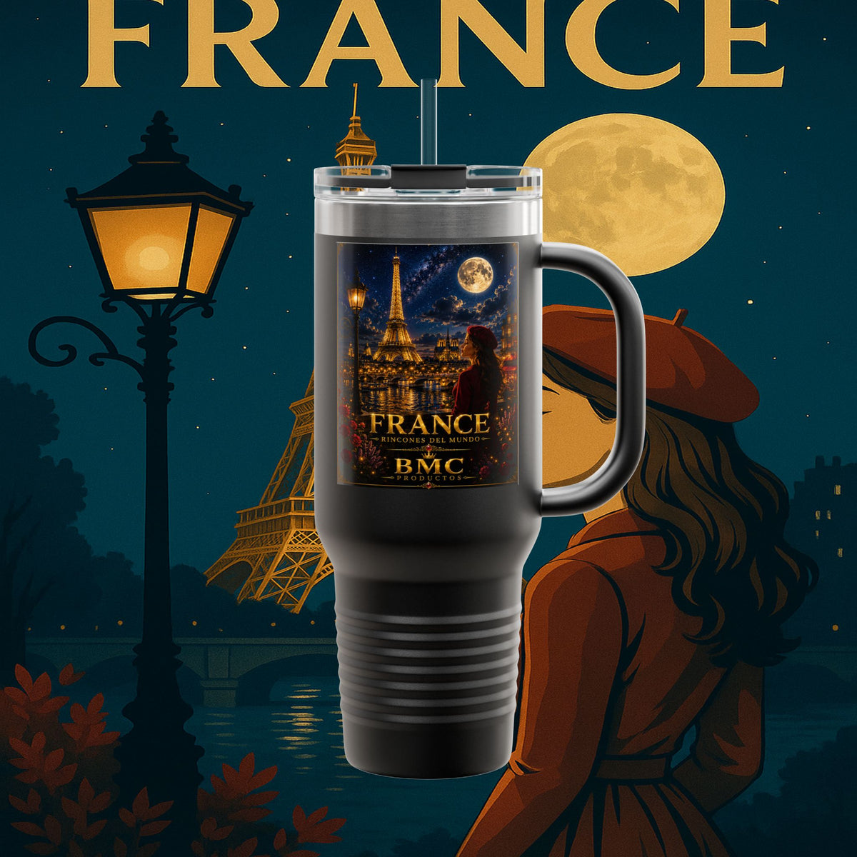 "taza de Viaje Aislada Francia: Romance bajo la Luna 🌙🗼✨"