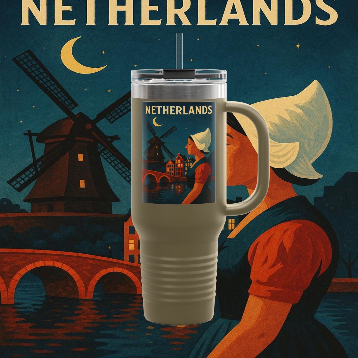 "Netherlands Insulated Travel Mug✨ – Land of tulips, windmills, and magical canals"