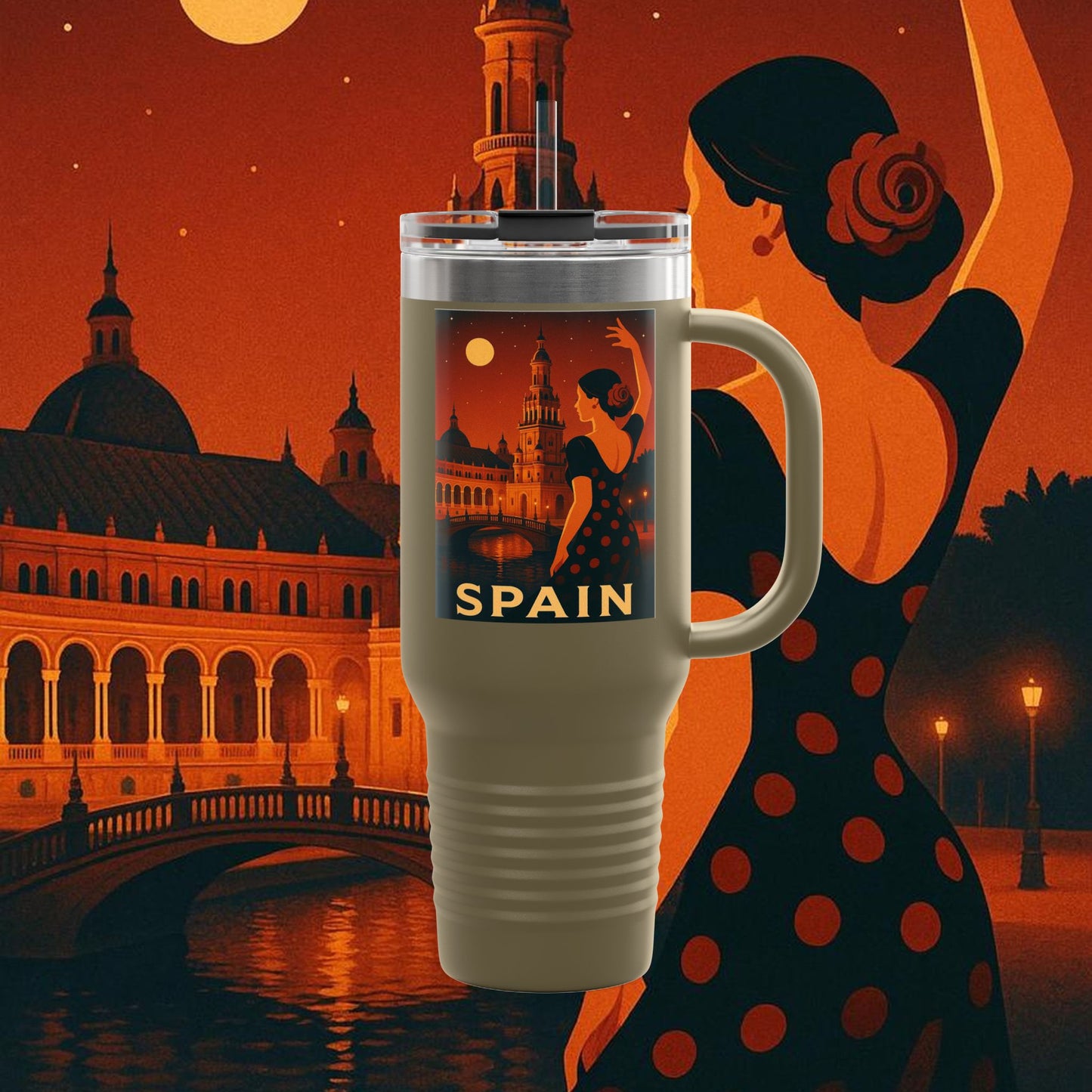 "Spain Insulated Travel Mug: Passion, Art, and Flavors that Make You Fall in Love 🎨💃🍷" 